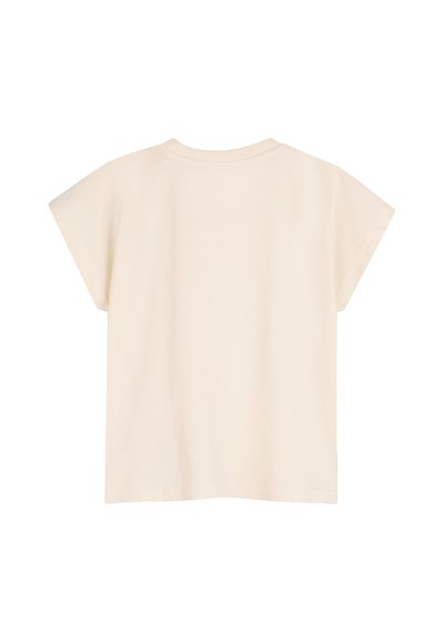 T-shirt à manches courtes de couleur crème avec un col rond, présenté à plat montrant le dos sur un fond blanc.