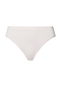 Světlé růžové bikinové spodní prádlo vyrobené z hladké látky, s páskem střední výšky a minimálními švy.