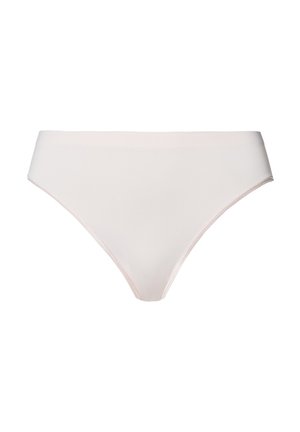 Bikini in rosa chiaro realizzato in tessuto morbido, con un elastico in vita a media altezza e dettagli di cucitura minimi.