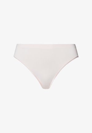 Bikini in rosa chiaro realizzato in tessuto morbido, con un elastico in vita a media altezza e dettagli di cucitura minimi.