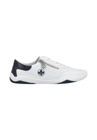 White sneaker with navy accents, perforated design, and a zip closure. Features a textured sole and a logo on the side.