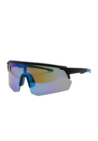Occhiali da sole sportivi con montatura nera, lenti specchiate blu e design avvolgente. Presentano un ponte nasale distintivo e una struttura ventilata.