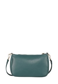 Kleine turquoise leren handtas met een gerimpelde textuur, gouden rits en een afneembare schouderriem op een witte achtergrond.