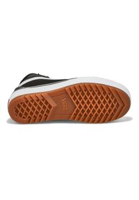 Zapatilla negra con una media suela blanca y una suela de goma naranja texturizada. Presenta un patrón de dibujo geométrico y el logo de Vans en el centro.