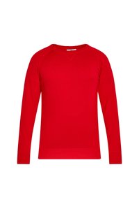 Czerwony sweter z dzianiny, z długimi rękawami raglanowymi, okrągłym dekoltem i gładką teksturą. Charakteryzuje się prostym wzorem bez wzorów lub akcentów.