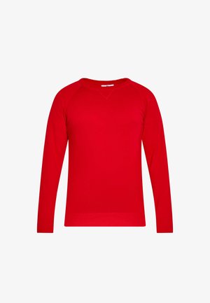 Pulover tricotat roșu, cu mâneci lungi tip raglan, guler rotund și o textură netedă. Are un design simplu, fără modele sau accente.