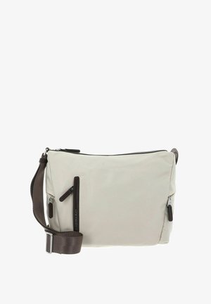 Sac bandoulière gris clair en tissu durable, avec une grande poche principale zippée, des accents marron et une sangle réglable.