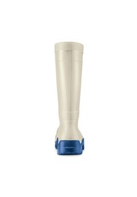 Tall white rubber boot with a textured top edge and thick blue sole, shown from the back on a white background.