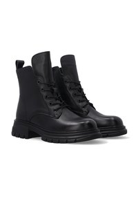 Schwarze Knöchelstiefel aus glattem Leder, mit einer Schnürung vorne, Zuglasche, klobiger Sohle und runder Zehenform.