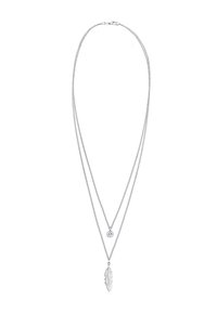 Hopeinen kaksikerroksinen kaulakoru, jossa on pyöreä riipus jalokivellä ja höyhenen muotoinen koriste, sileä pinta ja tyylikäs muotoilu.