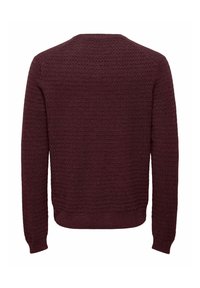 Pull en maille texturée bordeaux foncé à manches longues, présenté de dos sur fond blanc uni.