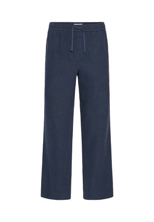 Tumši zili linu platā piegriezuma bikses ar elastīgu jostasvietu un auklu, ar teksturētu virsmu un brīvu pieguļumu komfortam.