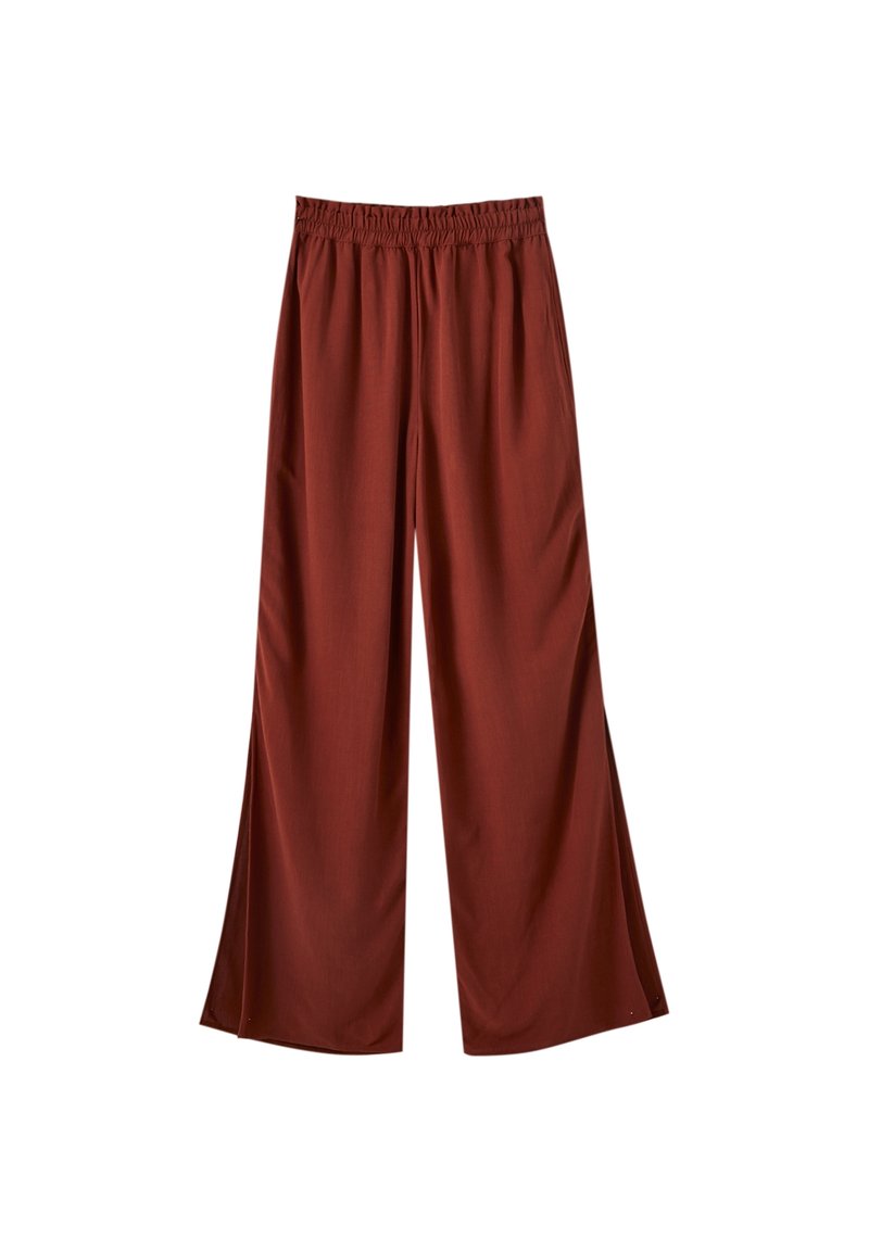 Pantalon à jambes larges de couleur rouge foncé avec une ceinture élastique, en tissu lisse, présenté à plat sur fond blanc.