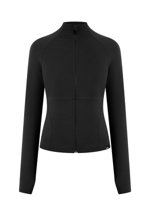 Giacca nera aderente a maniche lunghe con collo alto e zip frontale, progettata per un abbigliamento sportivo o casual.