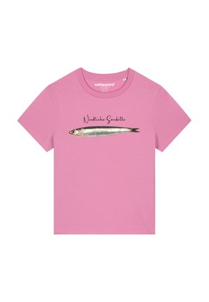 T-shirt en coton rose avec un graphisme d'un poisson et le texte "Niedliche Sardelle" en dessous, manches courtes et col rond.
