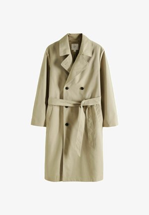 Beige trench coat with a double-breasted front, large collar, and a waist belt. Made of smooth fabric with two side pockets and black buttons.