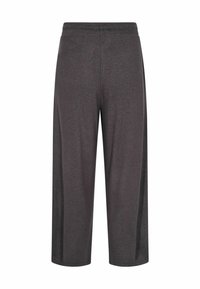 Wijde, donkergrijze broek van zacht, textuurstof met een elastische tailleband. Geen zichtbare zakken of extra versieringen.