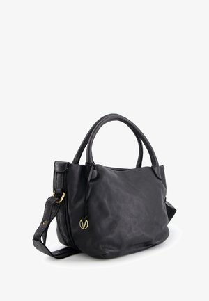 Sac à main en cuir noir avec deux poignées et une bandoulière amovible. Texture lisse, forme arrondie et accents en métal doré.