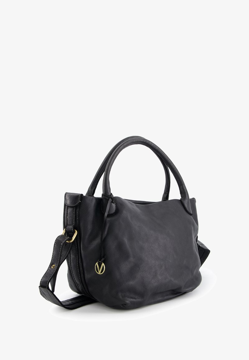 Sac à main en cuir noir avec deux poignées et une bandoulière amovible. Texture lisse, forme arrondie et accents en métal doré.