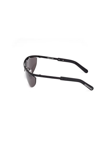 Black sunglasses with a sleek design, featuring a wraparound lens and flexible arms, textured detailing along the frame, and dark tinted lenses.
