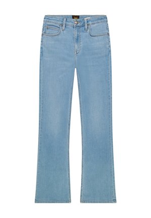 Hele sinised denimist teksad kõrge vöökohaga, nööp- ja luku kinnitusega, esiküljel ja tagaküljel taskud, ning kergelt lehvivate sääreotstega.