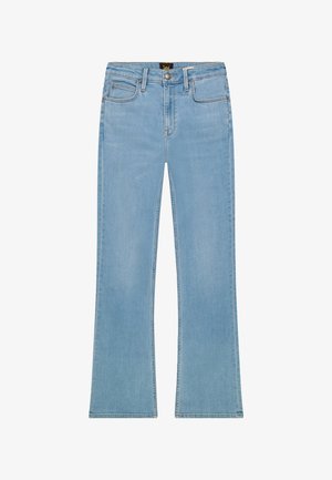Lyseblå denimjeans med høy midje, knapp- og glidelåslukking, lommer foran og bak, og lett utsvingte ben.
