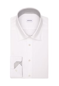 Camicia bianca con texture, colletto francese e interno del colletto e dei polsini a fantasia, piegata ordinatamente con visiibile i bottoni e l'etichetta del marchio.
