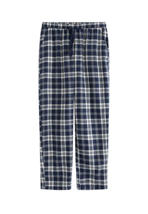 Marineblå och vit rutiga pyjamasbyxor med elastisk midja och marinblå snörning, utlagda på vit bakgrund.