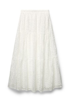 Gonna midi a balze in pizzo bianco con motivo floreale e orlo leggermente svasato, mostrata su uno sfondo neutro.