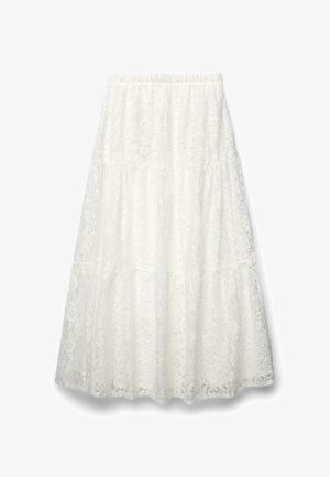 Gonna midi a balze in pizzo bianco con motivo floreale e orlo leggermente svasato, mostrata su uno sfondo neutro.
