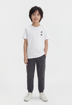 Zēns stāv, ģērbies baltā Adidas T-kreklā ar melnu logotipu, tumši pelēkās jogger biksēs un baltās sporta kurpēs, ar neitrālu izteiksmi, vienkāršs gaišs fons.