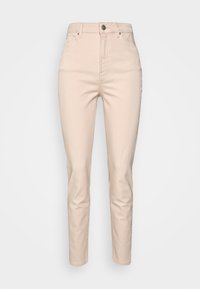 Jeans de cintura alta em bege, feitos de uma mistura de algodão. Apresentam cinco bolsos, uma fecho de correr e pernas ajustadas em forma de afunilamento com uma textura suave.