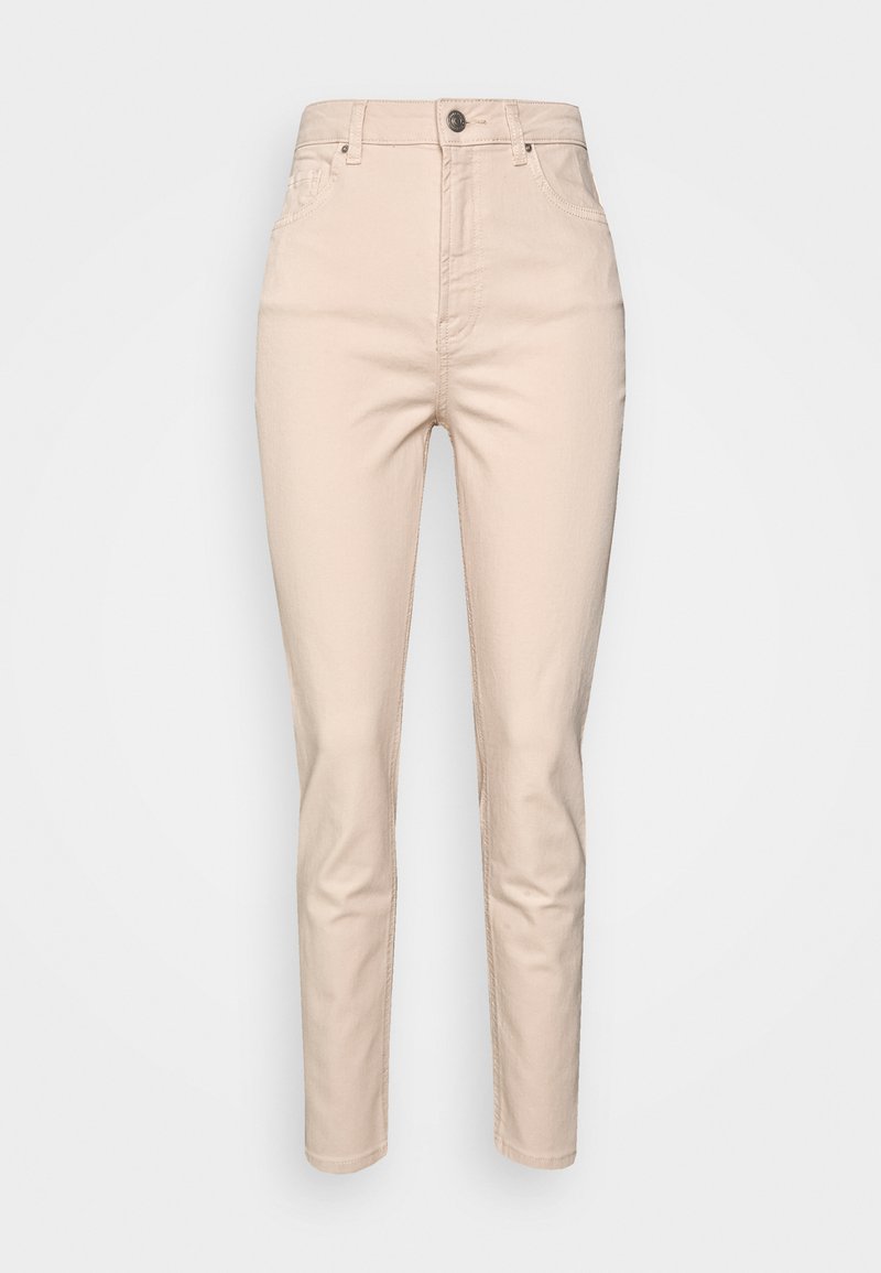 Jeans de cintura alta em bege, feitos de uma mistura de algodão. Apresentam cinco bolsos, uma fecho de correr e pernas ajustadas em forma de afunilamento com uma textura suave.