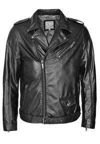 Czarna skórzana kurtka motocyklowa z szerokim kołnierzem, asymetrycznym zapięciem na zamek, wieloma zapinanymi na zamek kieszeniami oraz paskiem w talii.