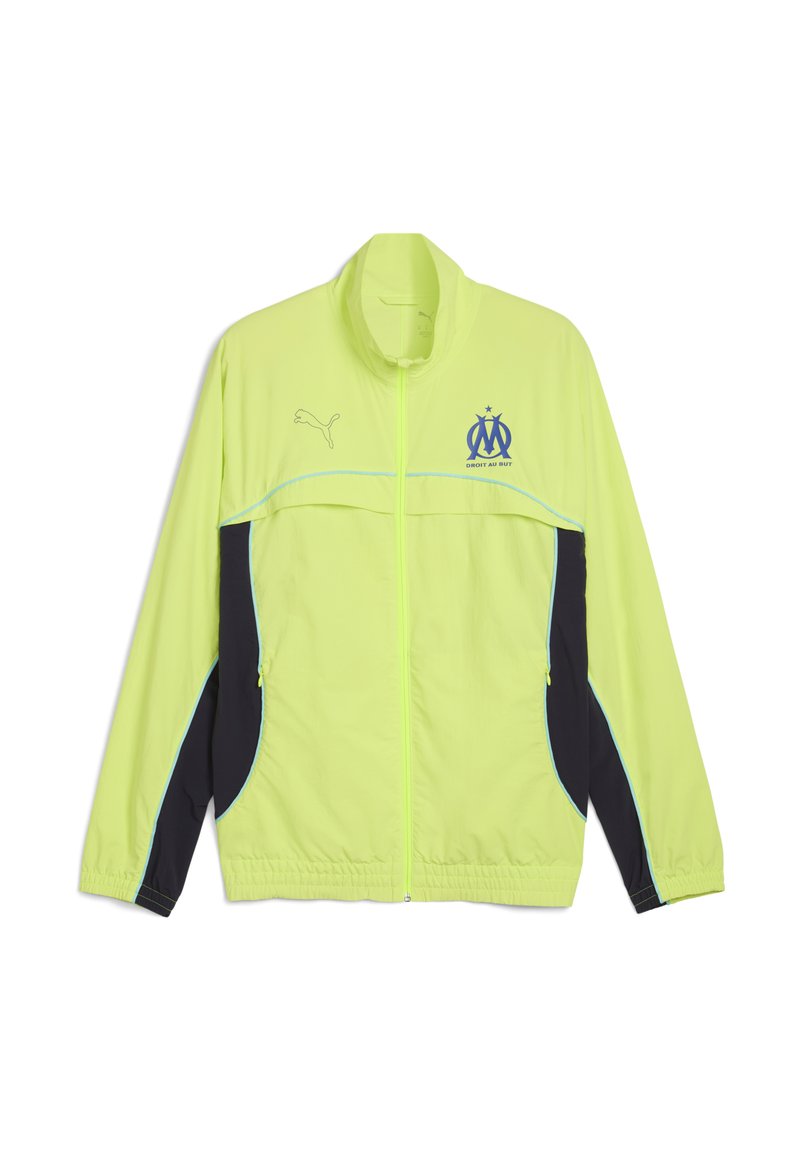 Neon-gul zip-up sportjacka med svarta sidopaneler, Puma-logga på högra bröstet och Olympique de Marseille-emblem på vänstra bröstet.
