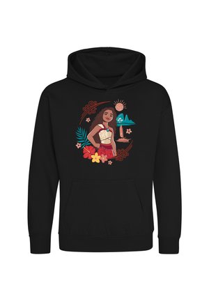 Sweat à capuche noir avec un graphisme coloré représentant une femme souriante en tenue tropicale entourée de fleurs, de feuilles, d’un soleil et d’un paysage insulaire.