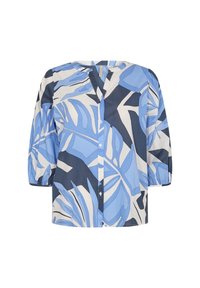 Camicia a maniche corte con bottoni in azzurro chiaro, blu navy e bianco, con una grande stampa di foglie tropicali. Scollatura a V e maniche a palloncino elasticizzate.
