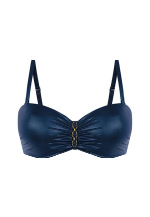 Granatowy biustonosz typu bandeau z regulowanymi ramiączkami i złotymi owalnymi łańcuszkami na środku przodu.