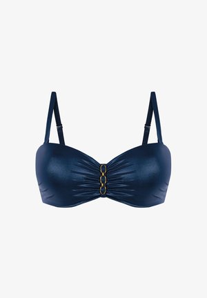 Granatowy biustonosz typu bandeau z regulowanymi ramiączkami i złotymi owalnymi łańcuszkami na środku przodu.