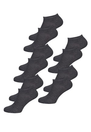 Zehn Paare dunkelgraue, niedrig geschnittene Sportsocken, angeordnet in drei vertikalen Spalten auf weißem Hintergrund.