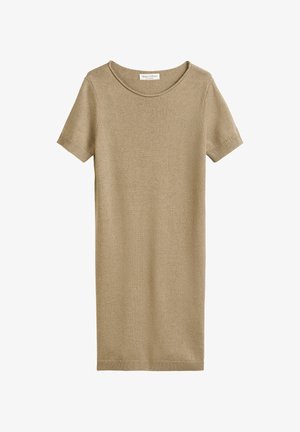 Abito a maniche corte lavorato a maglia di colore marrone chiaro. Presenta un collo rotondo e una silhouette dritta con orlo e polsini a coste. Texture morbida.