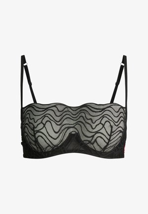 Schwarzer halbtransparenter BH mit verstellbaren Trägern und welligem Netzmuster, konzipiert für Unterstützung und Stil.