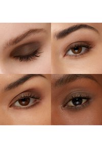 Cztery zbliżenia oczu prezentujące różne aplikacje cieni do powiek. Kolory wahają się od głębokiego brązu do delikatnego taupe, z wyraźnie podkreślonymi rzęsami.