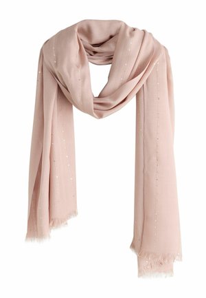 Jasnoróżowy szal z subtelnymi pionowymi paskami cekinów i frędzlami na krawędziach, luźno ułożony i złożony na białym tle.