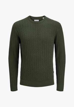 Pull en maille torsadée vert foncé avec manches longues et bords ribbed, fabriqué par Jack & Jones.