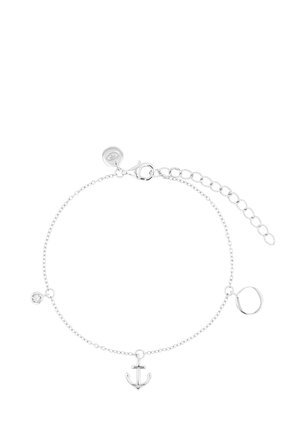 Bracelet délicat en chaîne argentée avec breloque ancre, petit cristal rond et breloque anneau circulaire, avec fermeture réglable à mousqueton.