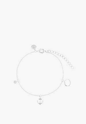 Zartes silbernes Kettenarmband mit Ankeranhänger, kleinem rundem Kristall und rundem Ringanhänger, mit verstellbarem Karabinerverschluss.