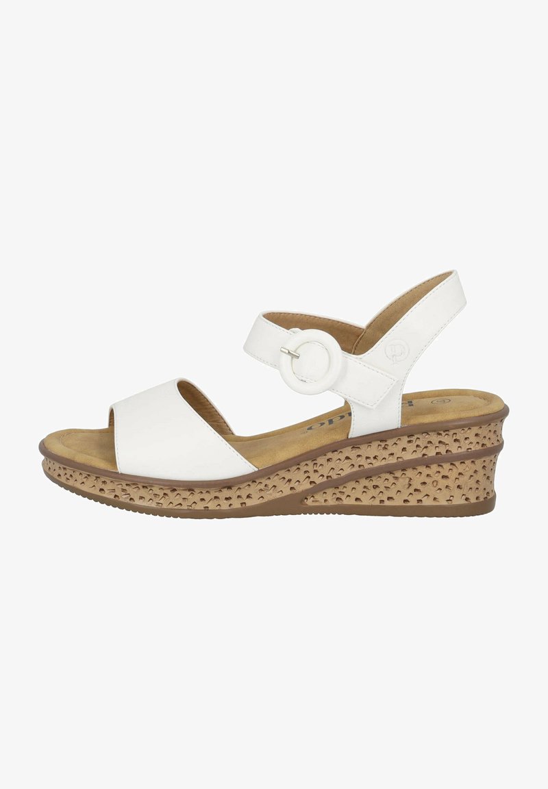 Weiße Wedge-Sandalen mit einem Peeptoe-Design, verstellbarem Knöchelriemen und strukturiertem beigen Plateau. Glattes synthetisches Obermaterial, gepolsterte Innensohle.