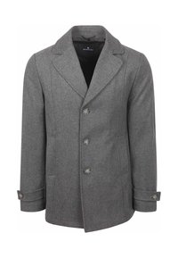 Grijze wollenmix jas met een brede reverskraag, dubbele rij knopen met vier knopen, en twee voorzakken. Zachte textuur.