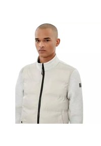 Lichte pufferjack met grijze stof en contrasterende grijze mouwen, voorzien van een hoge kraag en een rits aan de voorkant. Logo-detail op de mouw.